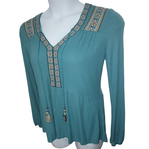 Artesia Peplum Long Sleeve Tassel Knit Lace Embroidered Boho Peasant M Aztec Y2K - Picture 3 of 10